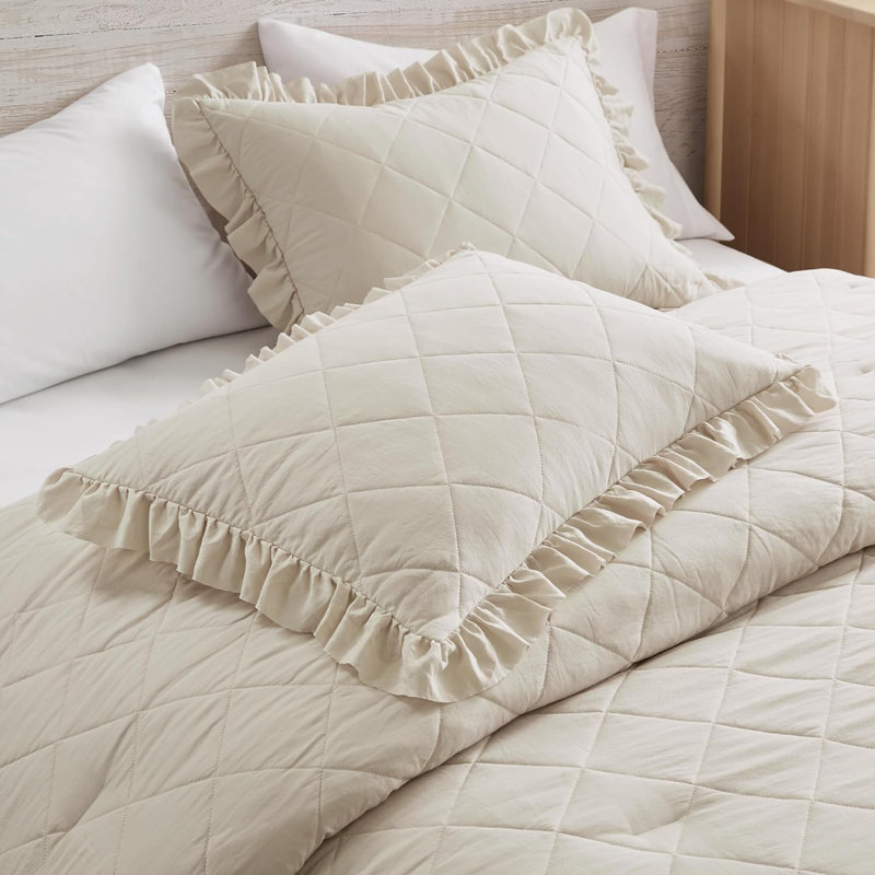 Ensemble de literie Ruffle, Beige, Édredon très grand + 2 taies d'oreiller standard