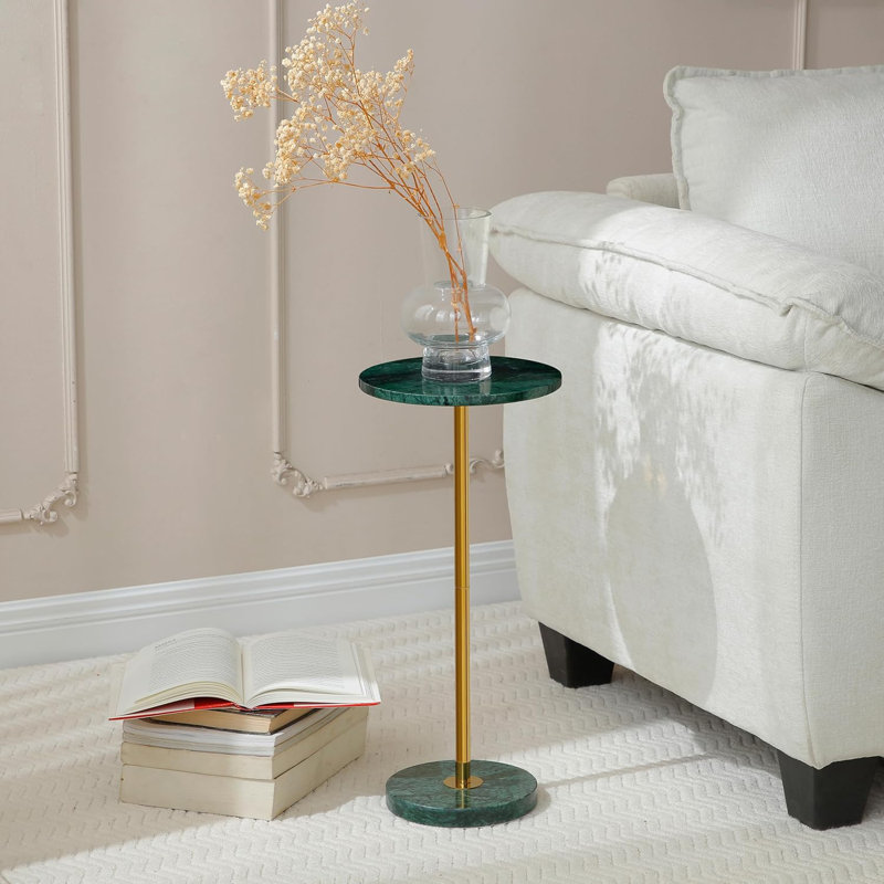 Modern Marble Pedestal Drink Table With Weighted Base, Compact Accent Side Table For Living Room, Bedroom, Or Small Spaces
