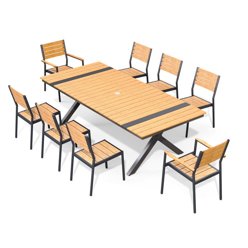 Ensemble de salle à manger pour 8 personnes avec structure en aluminium, trou pour parasol, chaises empilables et sans accoudoirs
