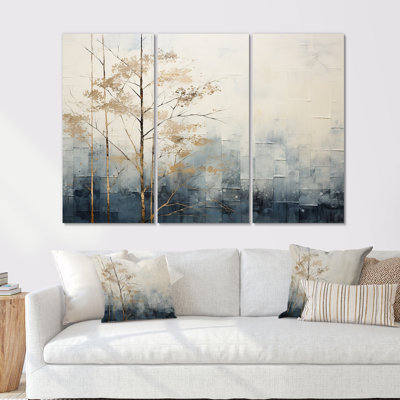 Minimalisme bleu et blanc forêt - ensemble de salon d'art mural forêt