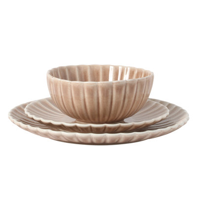 Gibson Elite Peach Orchard 12-Piece New Bone China Dinnerware Set Service for 4, Embossed Fluted Plates and Bowls, Dishwasher and Microwave Safe, Mauve Rose