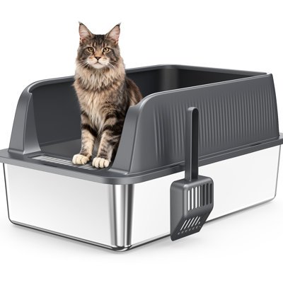 Stainless Steel Cat Litter Box With High - Sided Design, Hooked For Storage, Odor , , Ash Brown, 23.12 In Depth, 14.62 Width, 10.36 Height, 3.37 Lb Of And Abs, To Contain Litter, Included, , Deep,