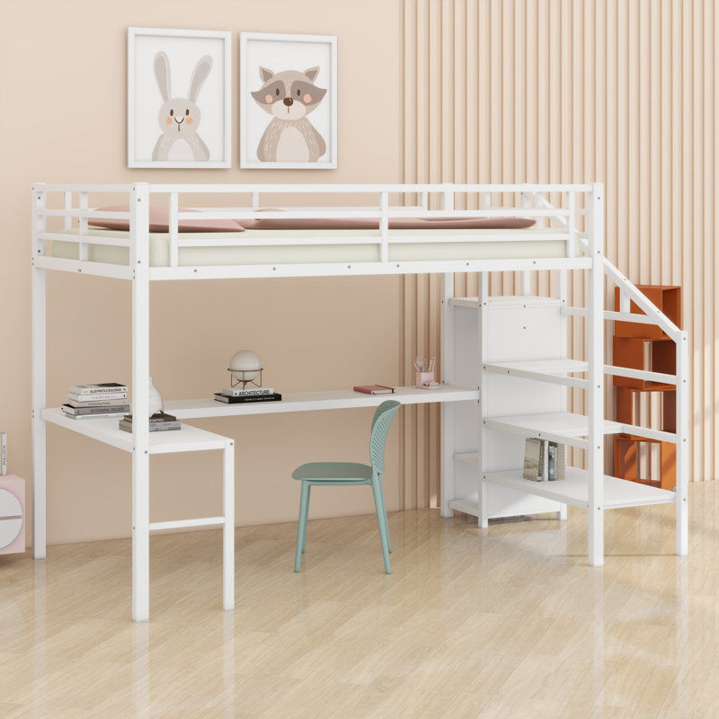 Loft Bed With L-Shaped Desk And USB,Wardrobe Shelf And LED, White