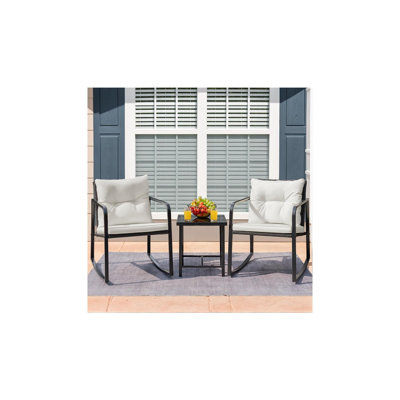 3-Piece Wicker Rocking Chair Patio Set – Outdoor Bistro With Coffee Table And Cushions, White
