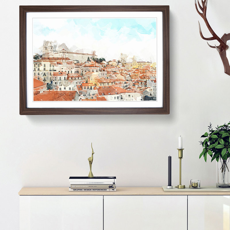 Alfalma Lisbon Portugal Skyline in Abstract - Picture Frame Graphic Art Print, Walnut Framed, 48cm H x 65cm W x 2cm D