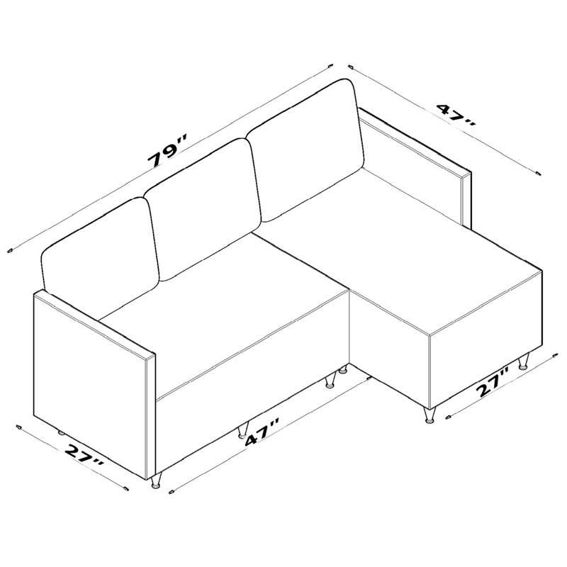 Canapé modulaire gris confortable avec design réversible, bois massif, facile à assembler, l 79 po x P 26 po x H 30 po pour un espace de vie, siège semi-ferme, assemblage simple, structure en bois, 5 po x 79 po x 27 po x 30 po