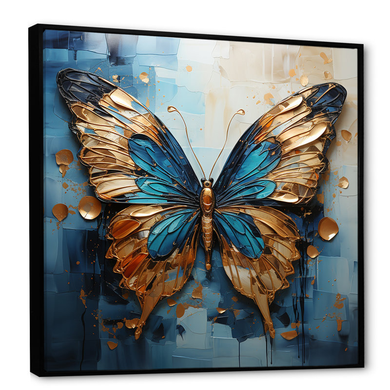 Or et bleu, papillon métallique I - art mural papillon, H 36 po x l 36 po x P 1,5 po, Cadre flottant noir