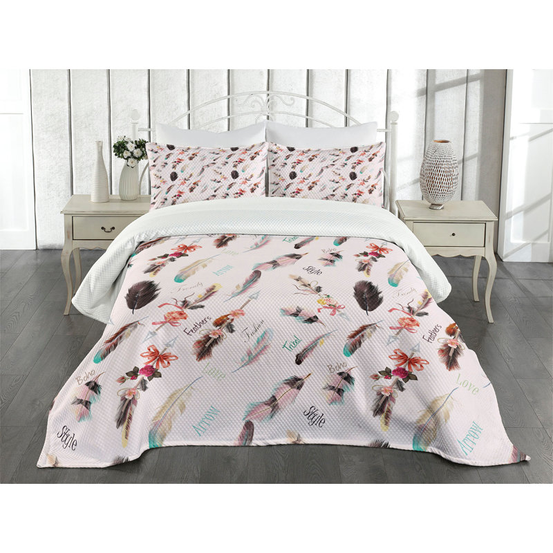 Ambesonne Boho Bedspread Set Fashion Feathers Multicolor, King Coverlet/Bedspread + 2 Standard Shams
