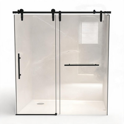 Porte de douche coulissante sans cadre, noir mat, de 127 à 137 cm, avec cadre en acier inoxydable et verre trempé transparent.