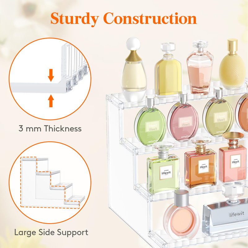 Présentoir à 4 niveaux avec clôture décorative, organisateur de parfum en plastique, support de bureau pour l'organisation et la décoration, paquet de 2