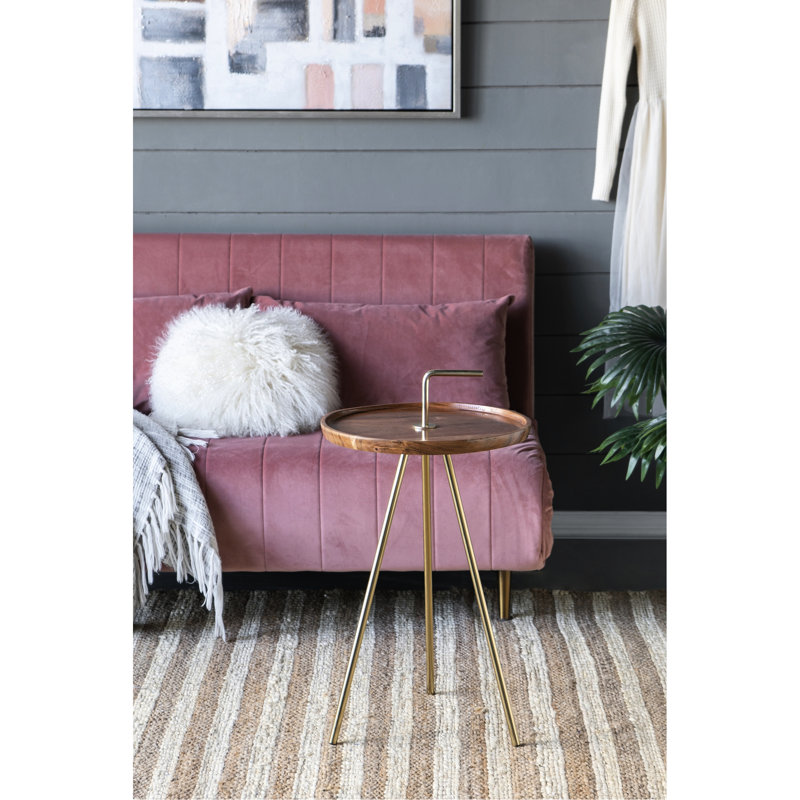 Table d'appoint en bois d'acacia avec pieds en acier à trépied, brun / or, 16 po x 23,5 po