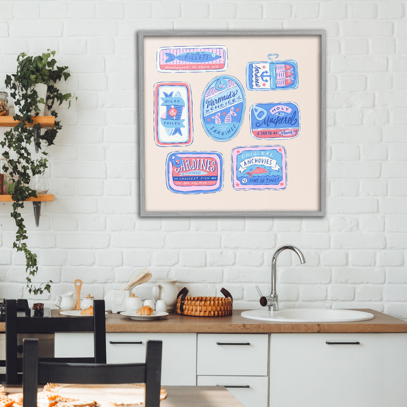 Various Canned Fish Seafood Framed Giclee, design by Krissy Mast, Farmhouse Gray Framed Giclee, 24" H x 24" W