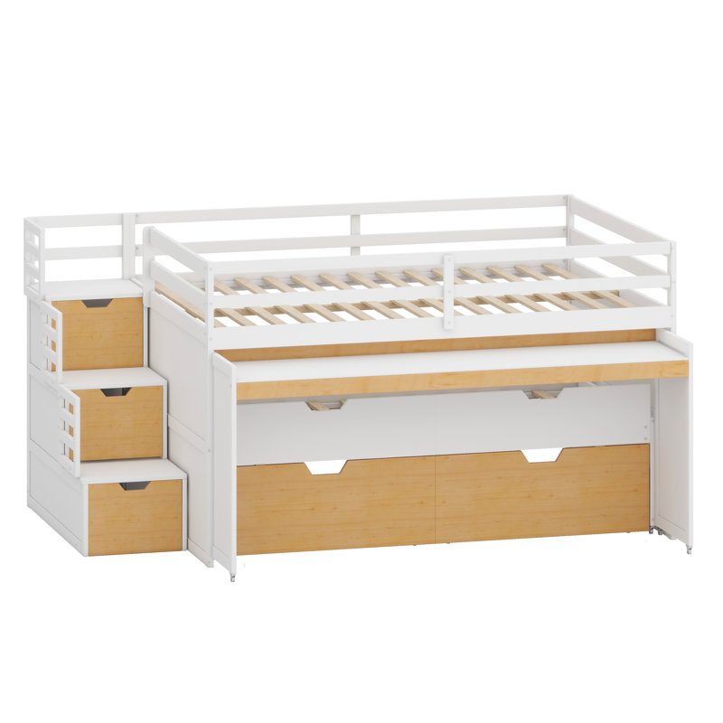 Lit mezzanine multifonctionnel peu encombrant avec bureau coulissant, lit gigogne, tiroirs de rangement et marches de rangement pour jeux et poste de travail