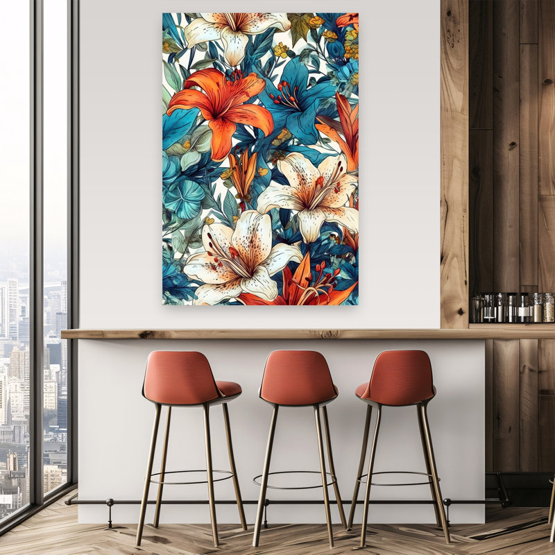 «Vibrant Tropical Lilies Abstract Flower Forest», reproduction d'art murale, 60" H x 40" W