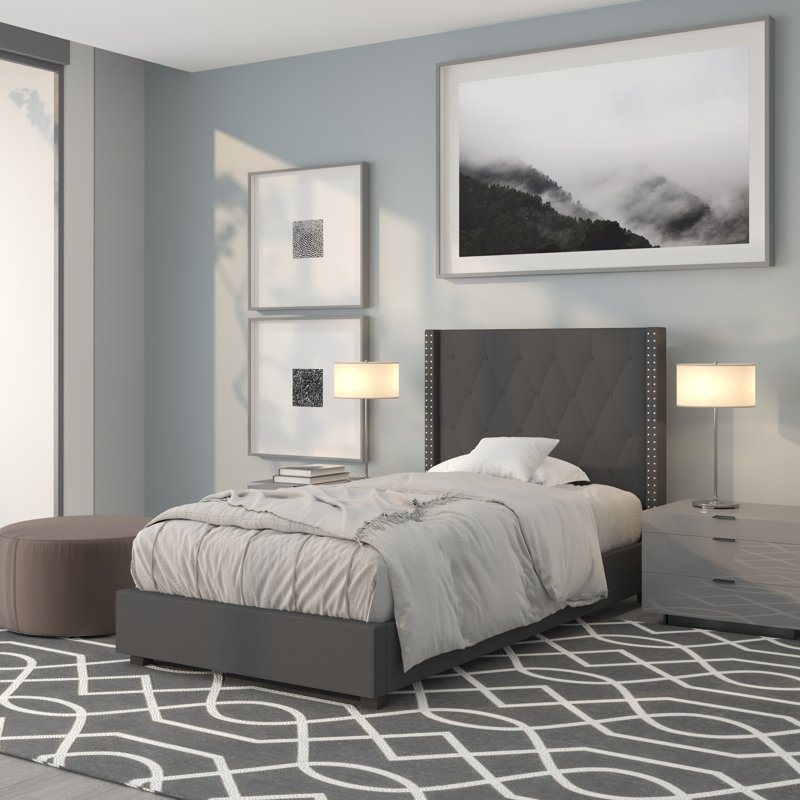Aluino Tufted Upholstered Platform Bed w/ Accent Nail Trimmed Extended Sides, Dark Gray, Twin