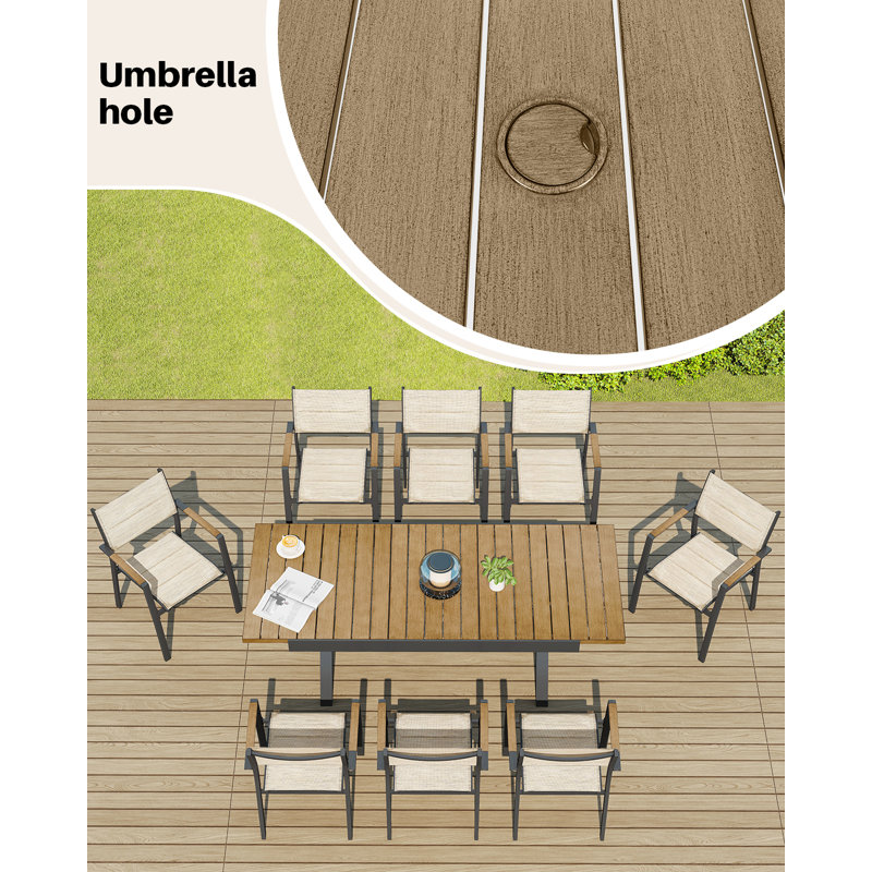 Table de salle à manger extensible en teck pour 8 personnes, table de patio en aluminium Never-Rust, table de salle à manger extensible en forme de X de 63 à 83 po avec trou pour parasol