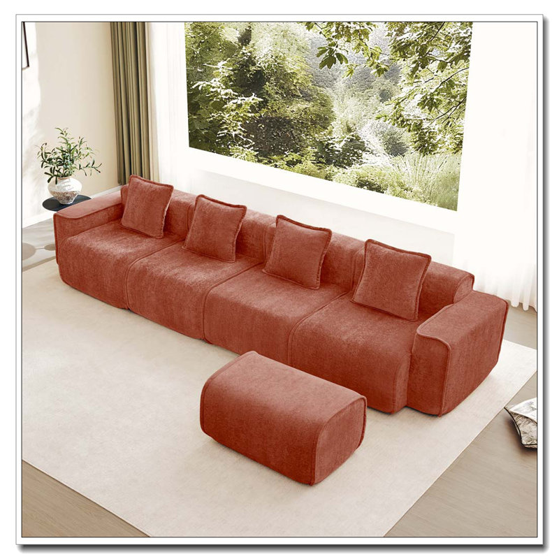 Canapé modulaire modulaire en L à 4 places avec passepoil à bordure française, aucun assemblage requis, canapé à 4 places avec coussins décoratifs et 1 repose-pieds mobile