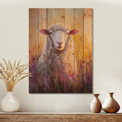 Lavender Sheep At Sunrise II - Sheep Wood Print - On Natural Pine Wood