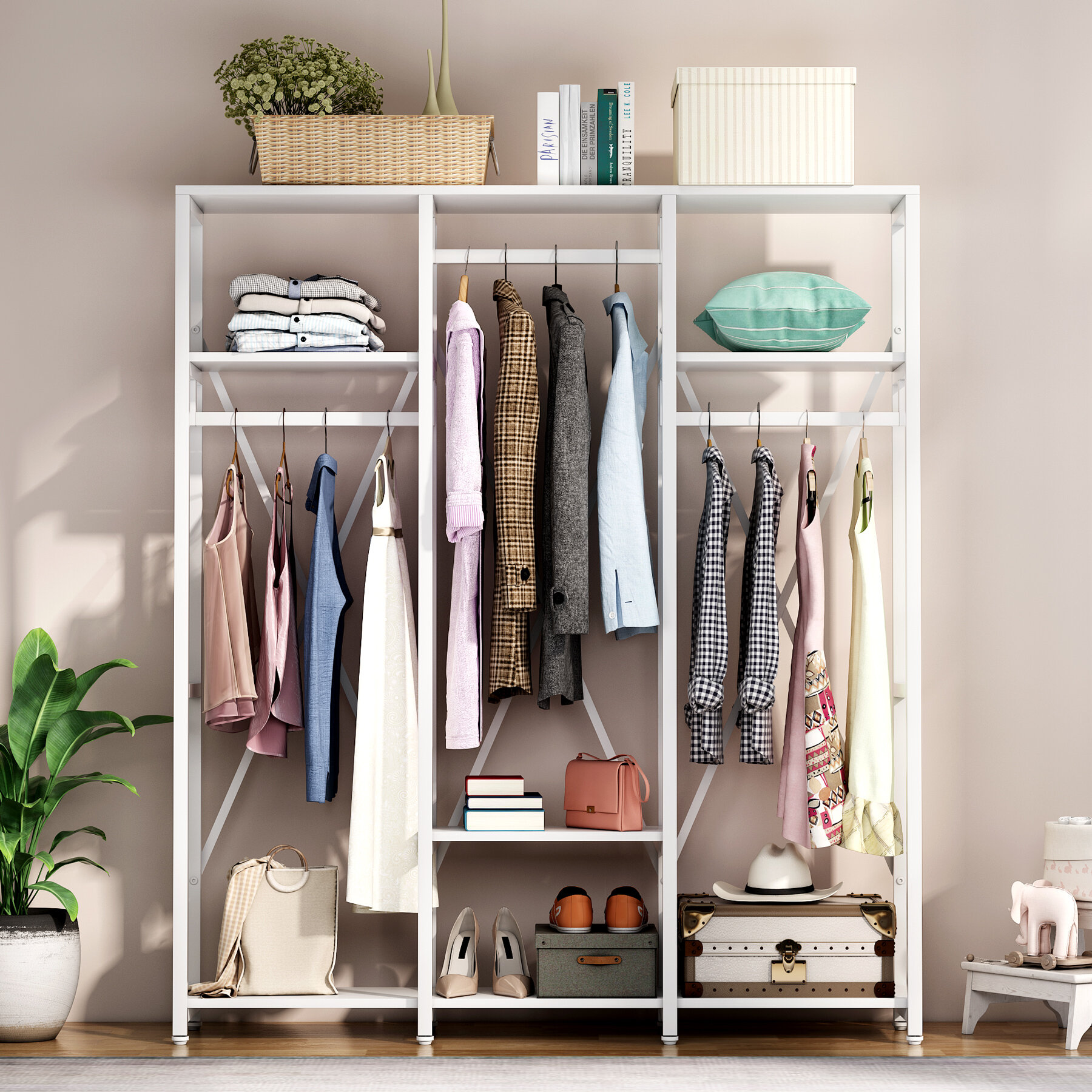 Wardrobe Armoire Clothes Storage Organizer Bedroom Closet Rack Metal Latitude Run Color: White