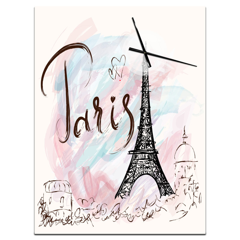 Illustration with Paris Eiffel Tower - Modern Wall Clock, 32" H x 24" W x 1" D