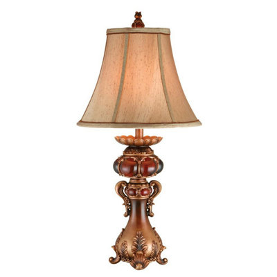 Lampe de table 31 "à finition rouge et brune en polyrésine avec abat-jour en lin