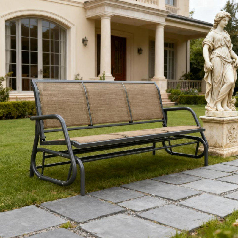 Patio Glider Bench With 3 Seats, Mixed Brown Mesh, Metal Frame, 57.9"x27.6", Max Load 660 Lbs Outdoor Chair Breathable Mesh And Powder - Coated Smooth Safe Glide, 33.5" High