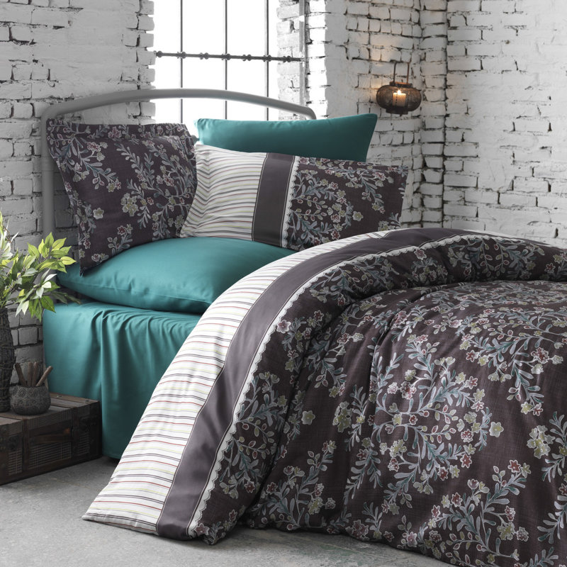 Ensemble de housse de couette 100% coton brun / blanc Vernardo, Housse de couette double + 2 taies d'oreiller 31 p