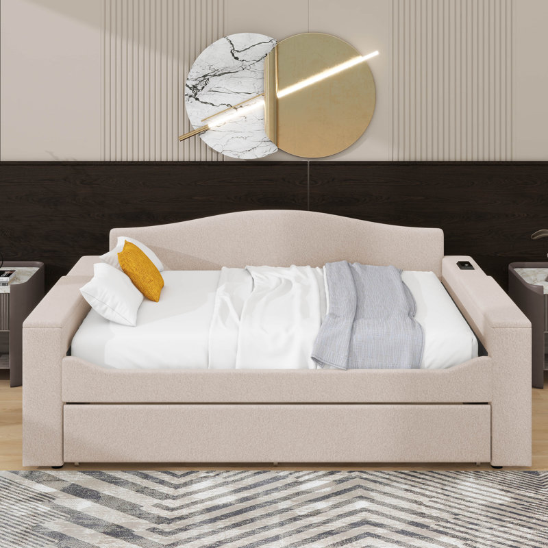 Lit de jour rembourré avec couchette, Beige, Lit double