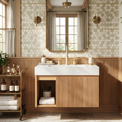 30" Wall-Mounted Floating Bathroom Vanity with 3D Fluted Door & Open Shelf, Plywood Cabinet & Carrara White Sintered Stone Top & Ceramic Basin (Natural)