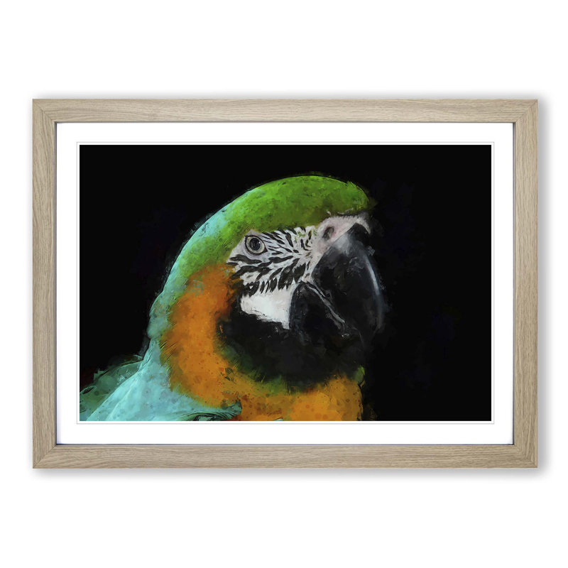 Yellow & Green Macaw Parrot in Abstract - Picture Frame Painting Print, Oak, 60cm H x 91cm W x 2cm D