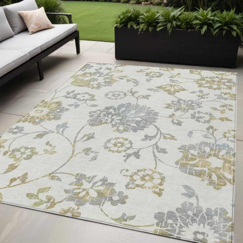 Tapis extérieur lavable floral ivoire et doré 5 pi x 8 pi