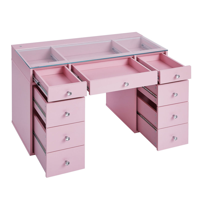Table de coiffeuse pour enfants avec plateau de table à lumière DEL Slaystation, 7 tiroirs de rangement en faux cristal luxueux, plateau en verre transparent et éclairage tricolore