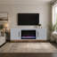 Meuble télé modulaire avec foyer électrique, rangement et chauffage d'appoint pour grands téléviseurs.