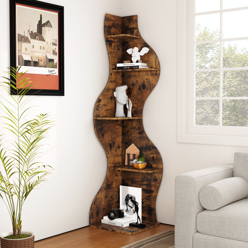 Bibliothèque d'angle, étagère murale moderne à 5 niveaux avec petit support de rangement ondulé pour petit espace, Rustic