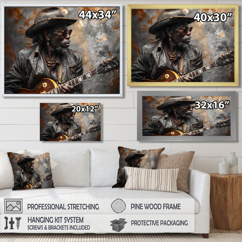 «Gray Gold Guitare, musique, gourou - musique, art mural salon, H 12 po x l 20 po, Cadre simple noir, bois massif
