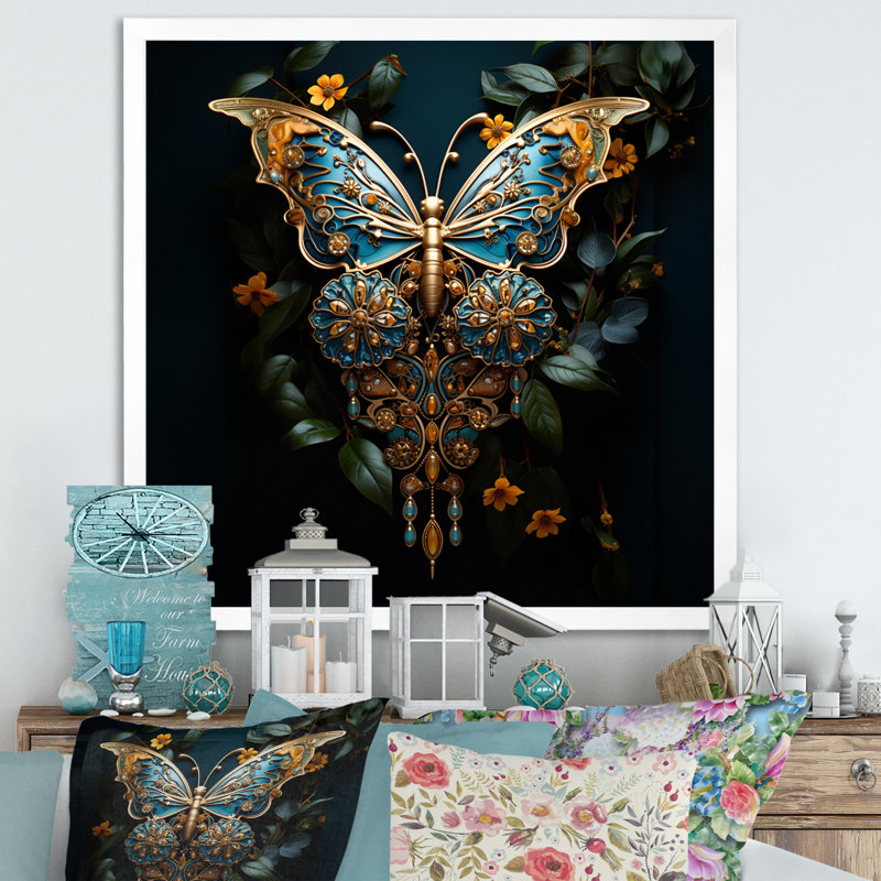 Ambre futuriste et papillon bleu sarcelle, H 24 po x l 24 po x P 1 po, Cadre simple blanc