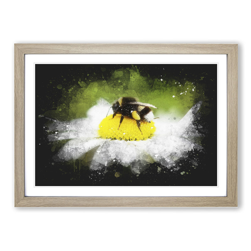 Bee Collecting Pollen Vol.2 - Picture Frame Graphic Art, 27cm H x 36cm W x 2cm D, Oak