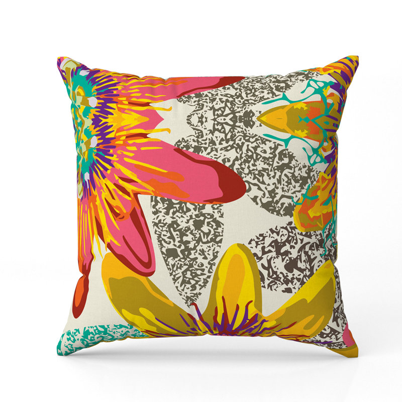 Coussin décoratif intérieur / extérieur Spots Blossoms, H 16 po x l 16 po, Rouge / Jaune