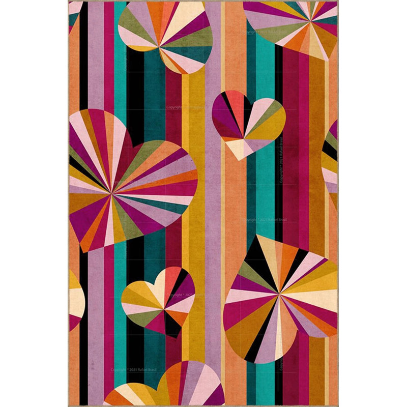 Creative Modern Decorative Carpet With Multicolored Heart And Geometric Patterns, Rectangle 5'2" x 7'7"