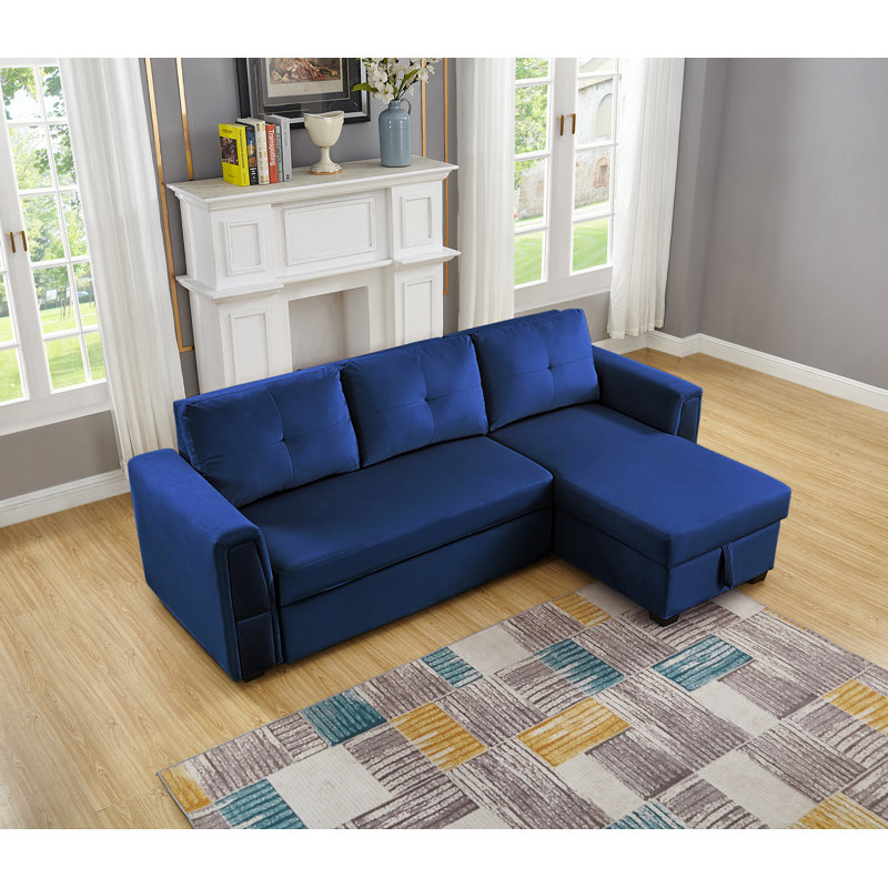 Canapé-lit et chaise longue réversible en velours de 91 po avec rangement Blatnice, Velours bleu
