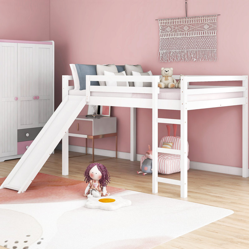 Lit mezzanine avec glissade, conception multifonctionnelle, Blanc, Lit double