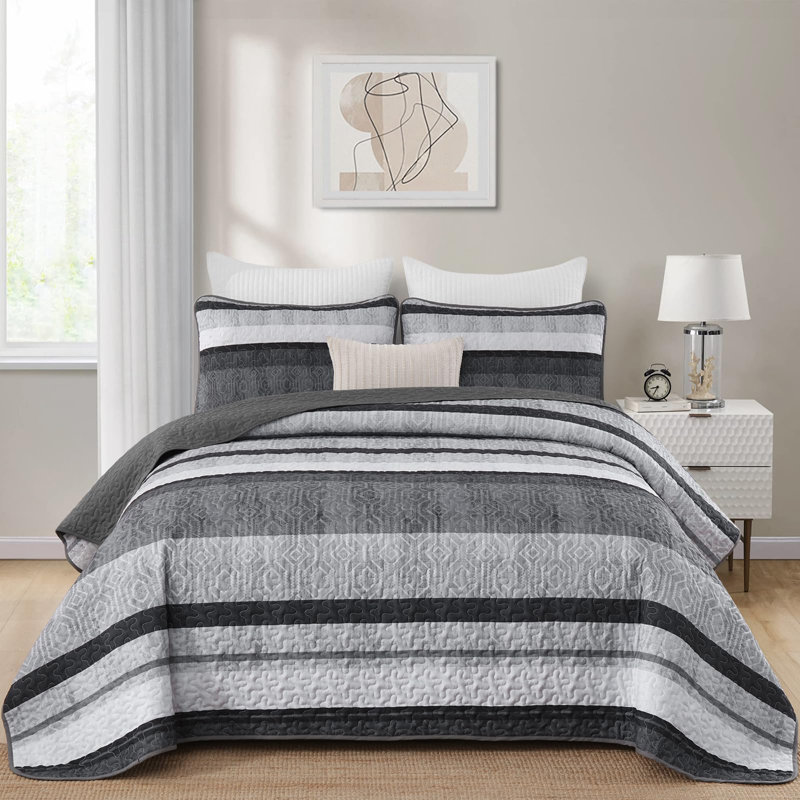 Ensemble de courtepointe à rayures 3 pièces Boho, couvre-lit léger avec 2 taies d'oreiller, Gray, Queen Quilt + 2 Pillowcases