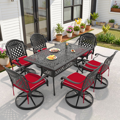 7-Piece Outdoor Dining Set, 58.27"L Rectangle Table with Umbrella Hole & 6 Swivel Chairs with Red Cushions