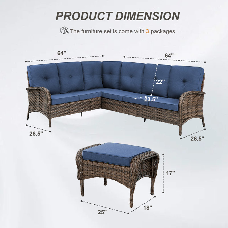 Valierius  L-Shaped Outdoor Sectional Sofa Set With Wicker Ottomans For Patios & Gardens, Blue