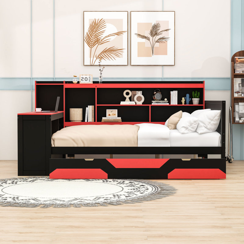 Wood Daybed with Desk and Drawers,Shelves, Queen, Black/Red
