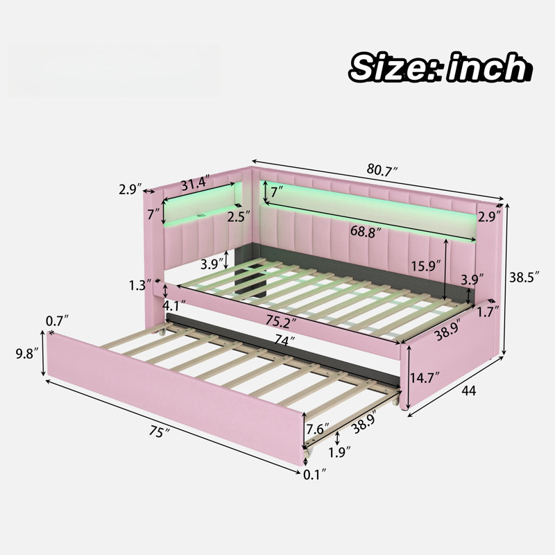 Upholstered Platform Bed with USB Ports, LED Belt and Trundle Shorifa, Pink