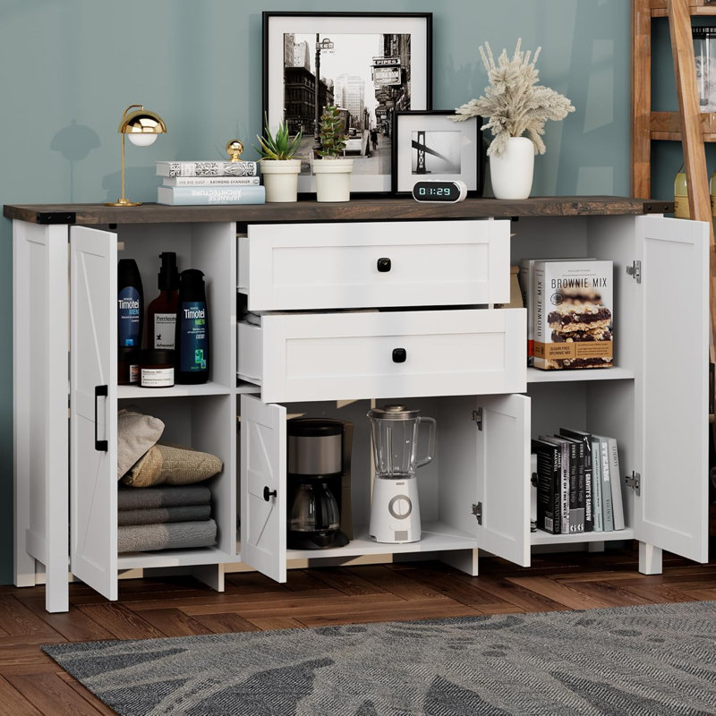 58" Sideboard Buffet Cabinet with Storage, Coffee Bar Cabinet with 2 Drawers and 4 Barn Doors