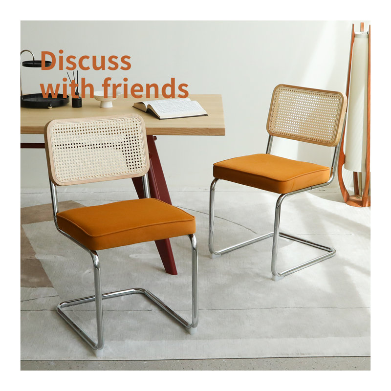 Ensemble de 2 chaises de salle à manger modernes en velours de style Mid-Century avec dossier en rotin et pieds chromés pour chaise de salon (orange)