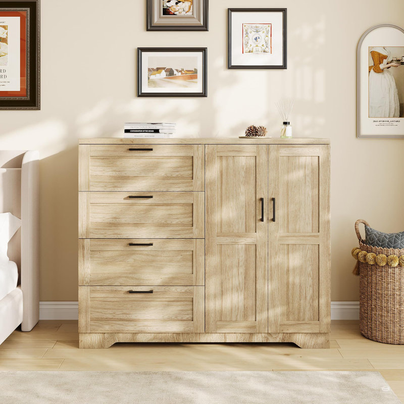 Armoire penderie en bois avec 4 tiroirs, 2 portes et tringle en chêne naturel, Naturel