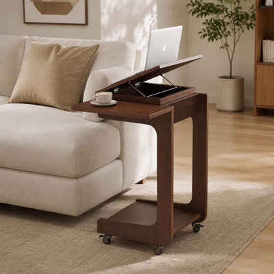 Walnut‑Finished Solid‑Wood C‑Shaped Couch Side Table, Rolling Sofa‑Side Laptop Desk with 360‑Degree Rotatable & Foldable Tabletop, Portable End Table for Living‑Rooms, Bedrooms and Offices